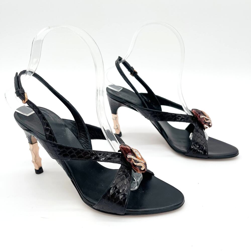 Gucci 2004 Tom Ford Black Python Snakeskin Serpent Head Bamboo Heel Sandals US 6 - Picture 2 of 15